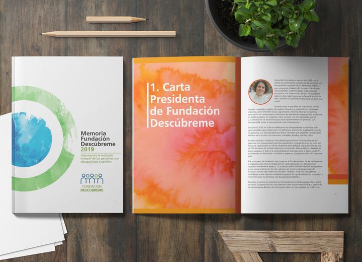 Memoria Fundación Descúbreme 2019, diseño editorial, trabajo de diseño de Alejandro Poblete Cea